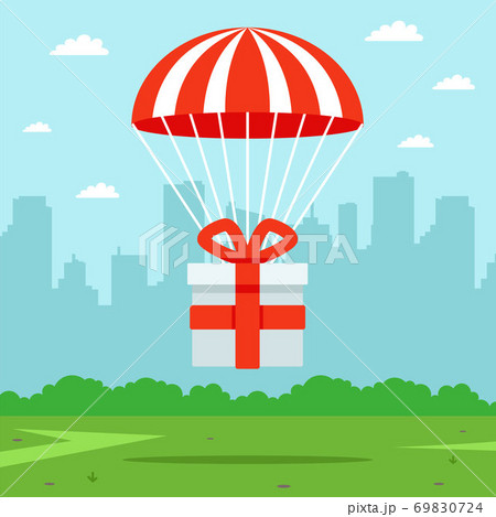 a gift falls from the sky by parachute.  69830724