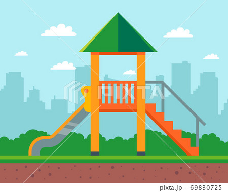 wooden slide for children in the yard of the house. playground in kindergarten.  69830725