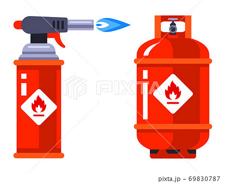 set of portable gas burner and gas cylinder on a white background.  69830787