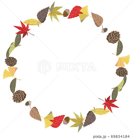 落ち葉と松ぼっくりとドングリのフレーム 円のイラスト素材