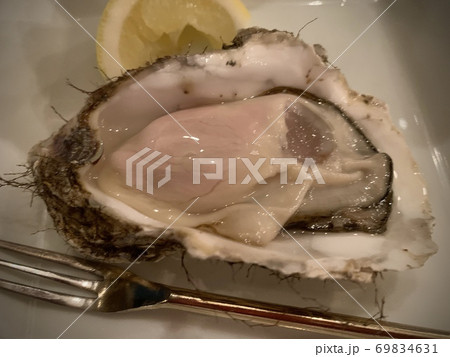 お皿に盛られた生牡蠣とレモン　写真素材 69834631