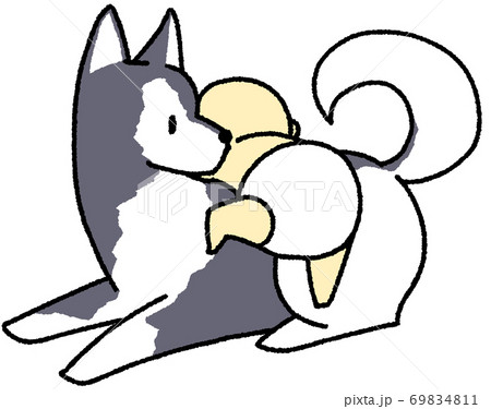 ハスキー犬と遊ぶ赤ちゃんのイラスト素材