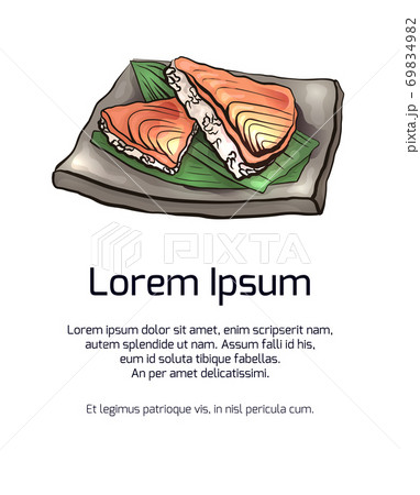 Vertical banner with coloring cartoon illustration of Japanese food with rice and salmon on plate. Vector template 69834982