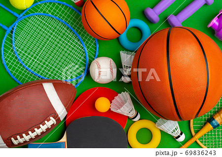 Composition of various sport equipment for fitness and games 69836243