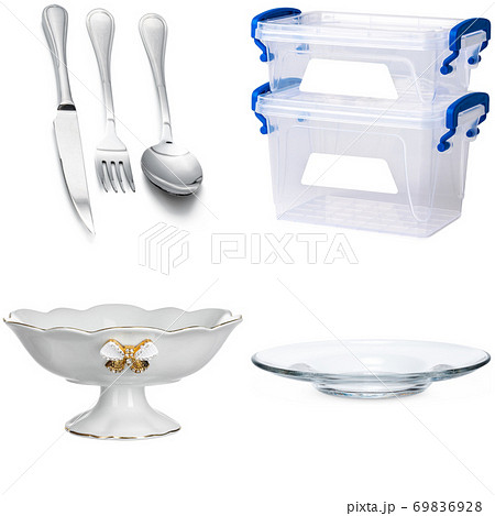 Collage of kitchen utensils isolated on white 69836928