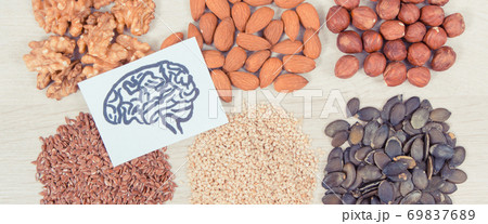 Vintage photo, Healthy eating as source vitamin and minerals, food for brain health concept 69837689