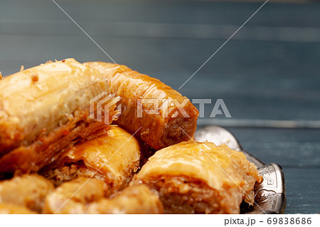 Plate of baklava dessert close up served on table 69838686
