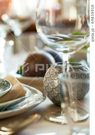 Elegant dinner table served for banquet event Elegant dinner table served for banquet event 69839916