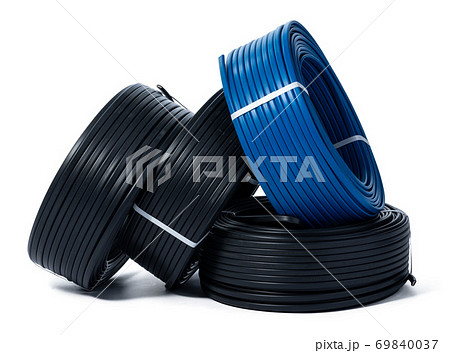 Coils of black and blue cable isolated on white background Coils of black and blue cable isolated on white background 69840037