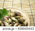 すだれの上に置かれた竹ザルに大葉を添えたミョウガ 69840443