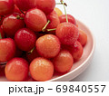 白背景にピンクのお皿に盛ったサクランボ（佐藤錦） 69840557