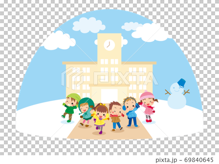 可愛い小学生 仲良しキッズグループ 雪の積もった学校の前 アイコンのイラスト素材