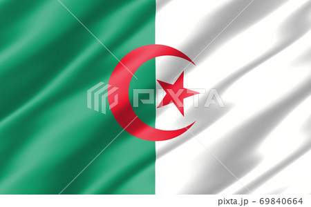 Silk wavy flag of Algeria graphic. Wavy Algerian flag 3D illustration. Rippled Algeria country flag is a symbol of freedom, patriotism and independence. 69840664