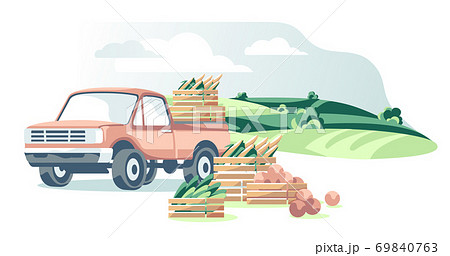 Truck with boxes of harvest vegetables on agriculture field white background isolated 69840763