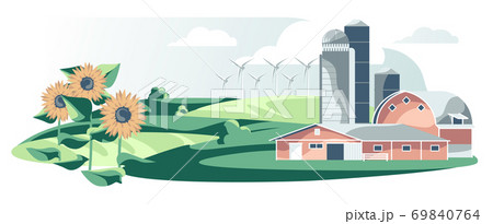 Village outbuildings, house, sunflowers isolated on white background 69840764