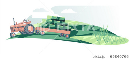 Tractor carry stock of hay isolated on field white background 69840766