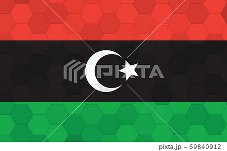 Libya flag illustration. Futuristic Libyan flag graphic with abstract hexagon background vector. Libya national flag symbolizes independence. Libya flag illustration. Futuristic Libyan flag graphic with abstract hexagon background vector. Libya national flag symbolizes independence. 69840912