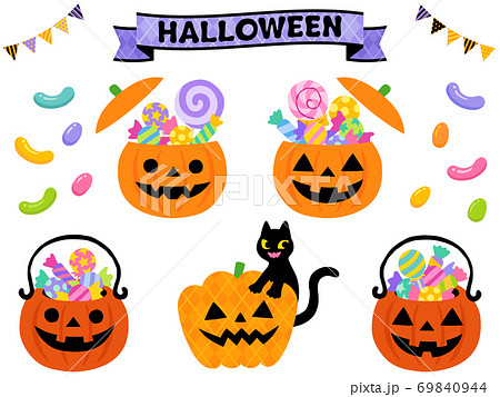 ハロウィンのキャンディポットとバスケットのイラストのイラスト素材