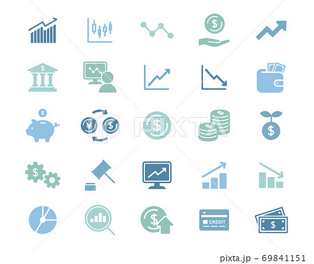 株 投資 金融 経済のアイコンのセット ビジネス 株式 株価 証券 お金 紙幣 貨幣 グラフのイラスト素材