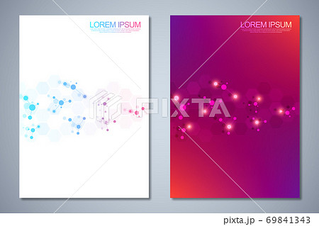 Templates brochure or cover book, page layout, flyer design with abstract background of molecular structures and DNA strand. Concept and idea for innovation technology, medical research, science. Templates brochure or cover book, page layout, flyer design with abstract background of molecular structures and DNA strand. Concept and idea for innovation technology, medical research, science. 69841343