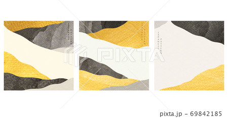 Japanese background with curve elements vector. Abstract template with art landscape in oriental style. Gold foil and black watercolor texture. 69842185