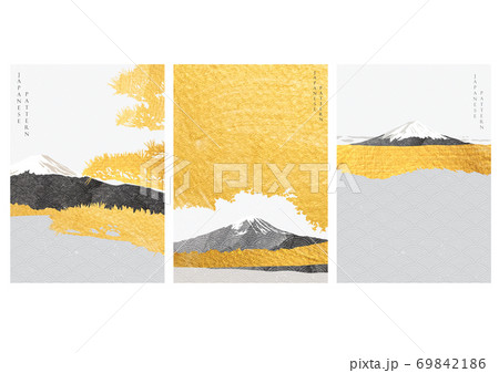 Fuji mountain with abstract background vector. Japanese template with watercolor painting. Gold foil  texture. 69842186