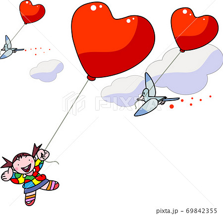 赤いハートの風船を持って空を飛んでる女の子のイラスト素材