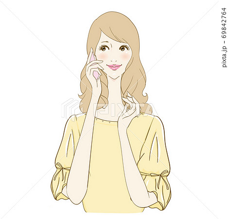 スマホで会話する女性 巻き髪のイラスト素材