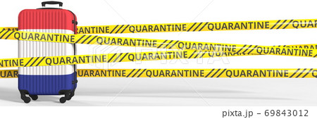 Quarantine warning stripes and a baggage with flag of France. Tourism restriction concept, 3d rendering Quarantine warning stripes and a baggage with flag of France. Tourism restriction concept, 3d rendering 69843012