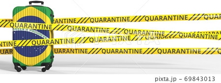 Flag of Brazil on a suitcase and quarantine stripes, coronavirus pandemic tourism restrictions concept. 3d rendering 69843013