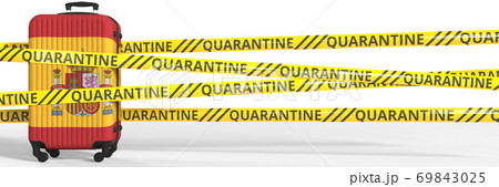Suitcase with flag of Spain and quarantine stripes, COVID-19 travel restrictions conceptual 3d rendering Suitcase with flag of Spain and quarantine stripes, COVID-19 travel restrictions conceptual 3d rendering 69843025