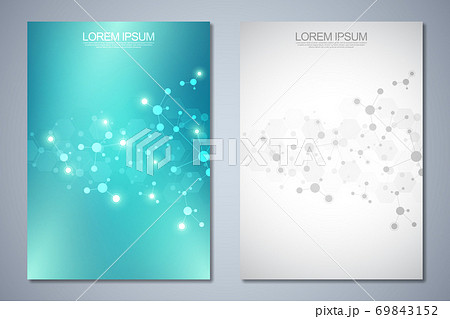 Templates brochure or cover book, page layout, flyer design with abstract background of molecular structures and DNA strand. Concept and idea for innovation technology, medical research, science. 69843152