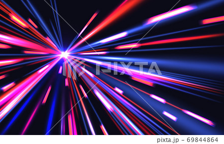 Light speed trails. Cyberpunk background with blurred motion city shine effect. Multiplicity of blue, red and violet straight rays on black. Vector backdrop of long exposure with flashlight Light speed trails. Cyberpunk background with blurred motion city shine effect. Multiplicity of blue, red and violet straight rays on black. Vector backdrop of long exposure with flashlight 69844864