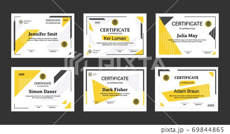 Certificate. Graduation elegant and minimalist diploma with seal and place for logotype company, data and signature, achievement and appreciation document. Vector professional blank set Certificate. Graduation elegant and minimalist diploma with seal and place for logotype company, data and signature, achievement and appreciation document. Vector professional blank set 69844865