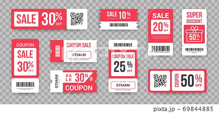Discount tickets. Sale marketing promotion collection ribbed lottery paper coupon design mockups with barcode, QR-code. Templates with reduced price vector set in red and white colors 69844885