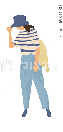 Modern woman walking. Female character going for a walk in park. Leisure activities, girl walking outdoors in jeans, t-shirt and hat. Clothes combination vector isolated illustration Modern woman walking. Female character going for a walk in park. Leisure activities, girl walking outdoors in jeans, t-shirt and hat. Clothes combination vector isolated illustration 69844903