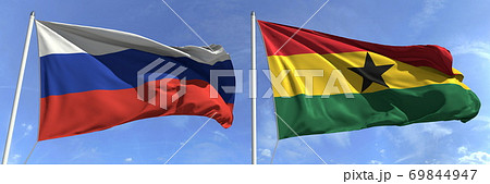 Flags of Russia and Ghana on flagpoles. 3d rendering 69844947