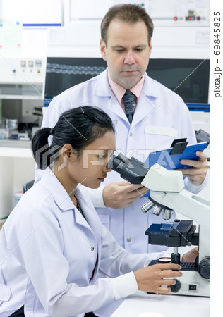 people working in a laboratory with a microscope people working in a laboratory with a microscope 69845825