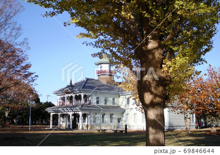 青空の下銀杏の黄葉とレトロな建物　旧水海道小学校本館　茨城県立歴史館 69846644