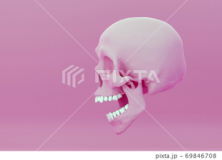 pink skull with open jaw in surprise, on pink background, side view, 3d illustration pink skull with open jaw in surprise, on pink background, side view, 3d illustration 69846708