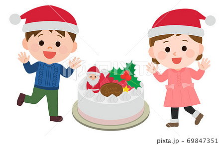 クリスマスパーティをする子供 ケーキ イラストのイラスト素材