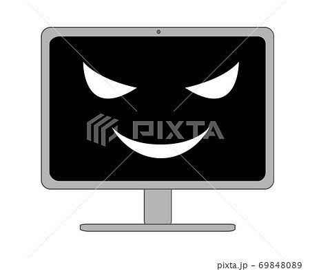 怖い笑いを浮かべる黒い画面のデスクトップパソコン 怖い笑いを浮かべる黒い画面のデスクトップパソコン 69848089