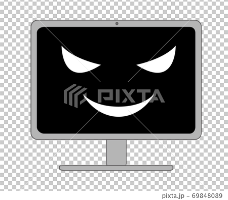 怖い笑いを浮かべる黒い画面のデスクトップパソコン 怖い笑いを浮かべる黒い画面のデスクトップパソコン 69848089