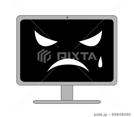 悔しそうな表情の黒い画面のデスクトップパソコンのイラスト素材