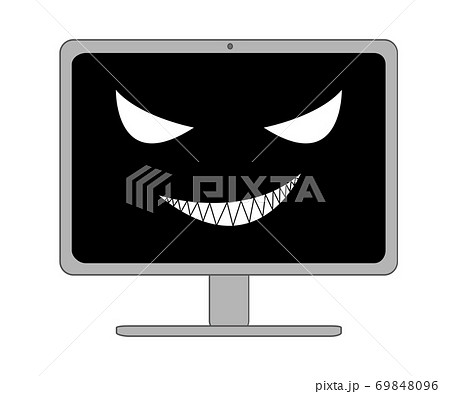 怖い笑いを浮かべる黒い画面のデスクトップパソコン 怖い笑いを浮かべる黒い画面のデスクトップパソコン 69848096