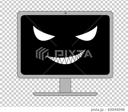 怖い笑いを浮かべる黒い画面のデスクトップパソコン 怖い笑いを浮かべる黒い画面のデスクトップパソコン 69848096