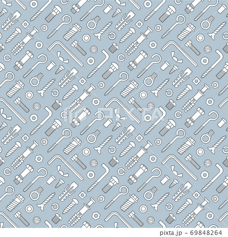 Seamless pattern of fasteners. Bolts, screws, nuts, dowels and rivets in doodle style. Hand drawn building material. 69848264