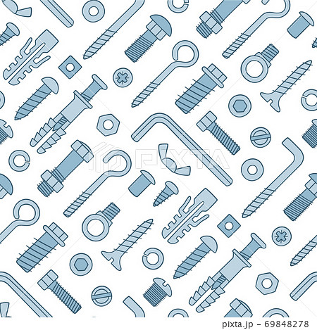 Seamless pattern of fasteners. Bolts, screws, nuts, dowels and rivets in doodle style. Hand drawn building material. 69848278