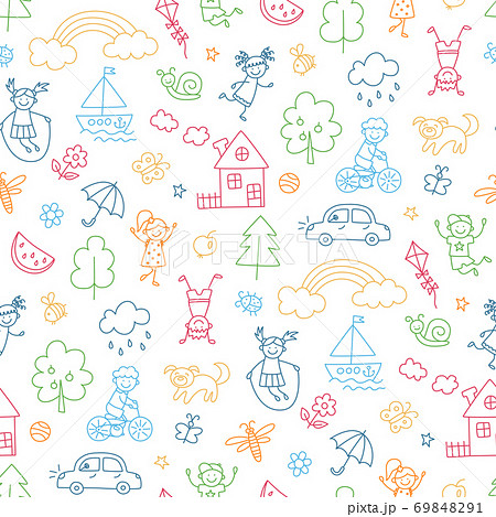 Happy children in summer park. Funny small kids play, run and jump. Seamless pattern Happy children in summer park. Funny small kids play, run and jump. Seamless pattern 69848291