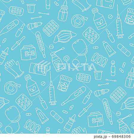 Seamless doodle pattern with medications, drugs, pills, bottles and health care medical elements. 69848306